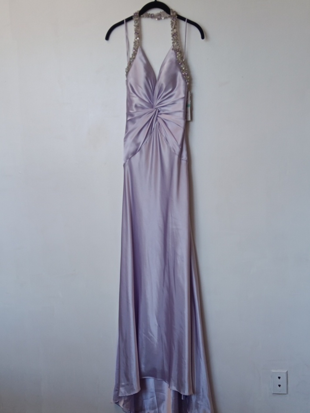 Vintage Faviana Lavender Satin Halter Maxi Dress with Beaded Neckline